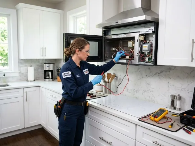 Appliance Repair Hero technician testing an over-the-range microwave in a Barium Springs, NC kitchen